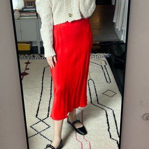 & Other Stories Red Silk Midi Skirt | Size 2